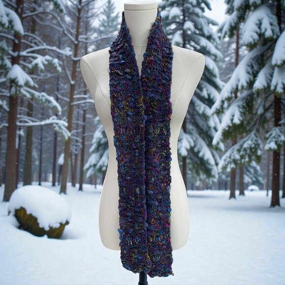 Handmade Chunky Knit Scarf Multicolor Metallic Purple 60x35 Cozy Festival Artsy - Picture 1 of 7